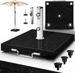 tillvex® Granit Parasolstandaard met wielen en transportgreep, 27 kg, vierkant, parasolvoet met roestvrijstalen buis, balkonparasolstandaard voor parasolstokken 16-48 mm en 250 cm diameter, zwart