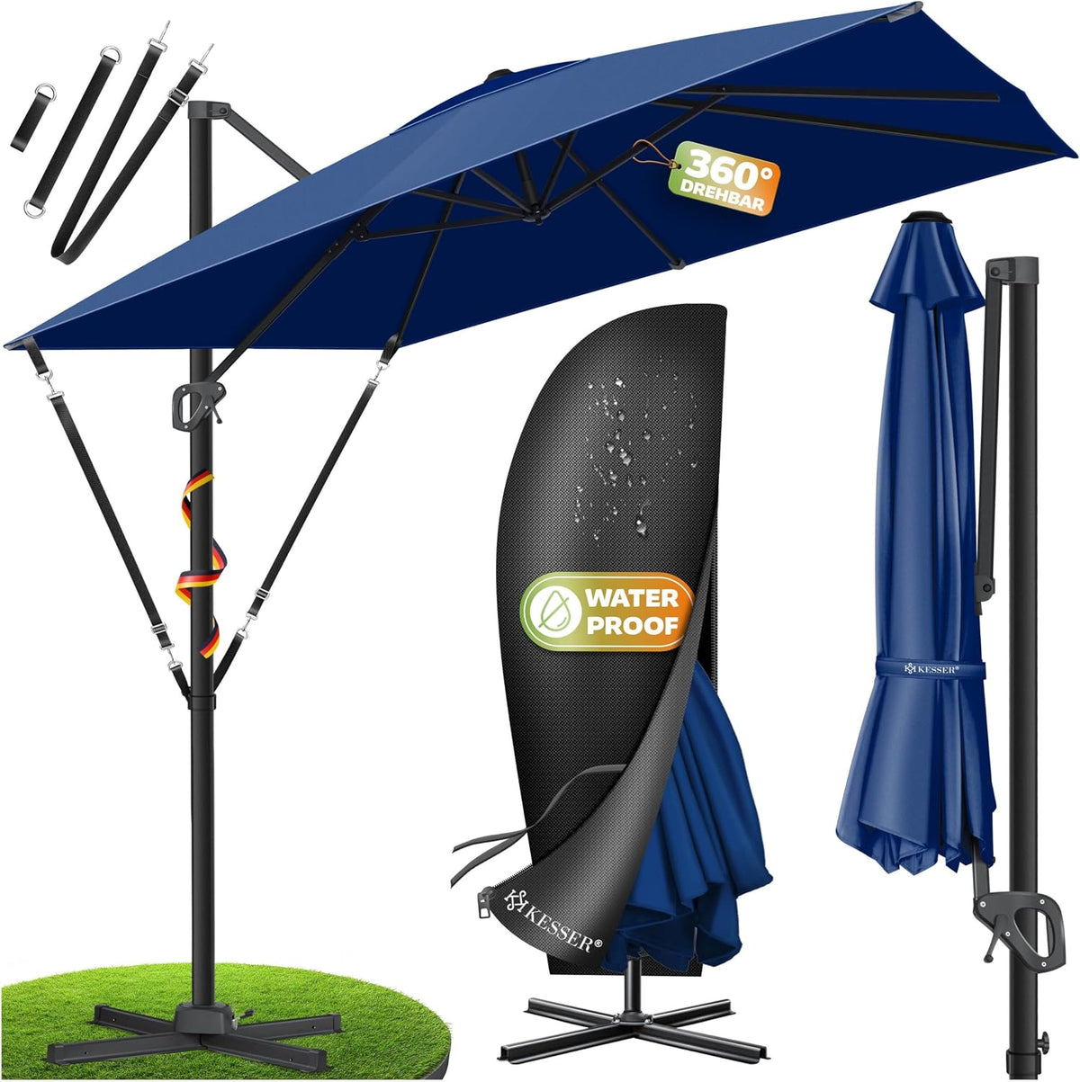 KESSER® Paraplu LED Zonneparaplu XL 300x300cm incl. deksel Windbescherming Draaibaar Kantelbaar Marktparaplu Grote 360° Draaibare Tuinparaplu met Draaibare Zonnekap, Navy Blauw