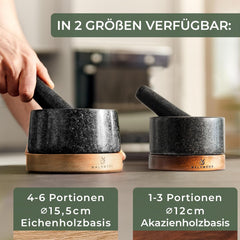 WALDWERK Vijzel met stamper (12 cm diameter), vijzel op luxe en stabiele basis van acaciahout, vijzel met stamper van natuurlijk graniet