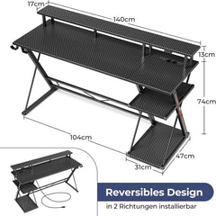Gaming bureau - Gaming desk - Gaming tafel - 140x47 cm - Zwart - SEVEN WARRIOR