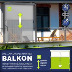 tillvex® Verticale zonwering, 200 x 250 cm, voor buiten en binnen, buitenrolgordijn, waterdicht, met handslinger, voor balkon, terras en tuin, balkonrolgordijn, zonwering van aluminium, rolgordijn met