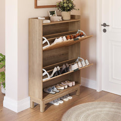 Tribesigns Schoenenkast Smal, schoenenrek met planken, 2 laden met klapbescherming, houten materiaal, schoenenkast voor entree, hal, woonkamer, 80 x 24 x 116 cm, bruin