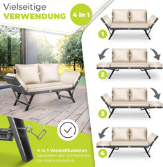 KESSER® Luna Tuinbank, polyrotan, met ligfunctie, 4-in-1 verstelfunctie, weerbestendig, balkonbank, verstelbare armleuningen, extra dikke en zachte bekleding, voor tuin/balkon/terras