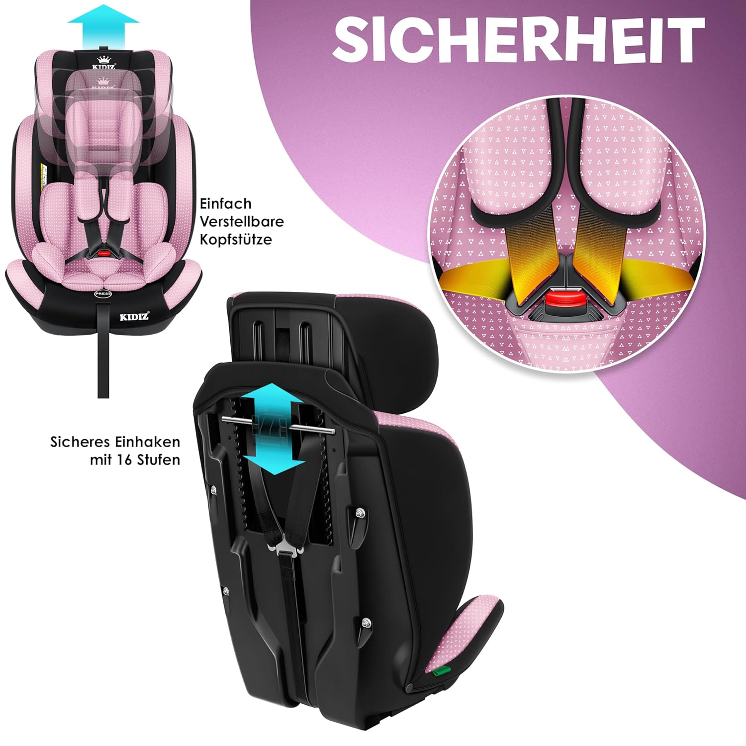KIDIZ® Autostoeltje - 5-punts veiligheidsgordel - Roze