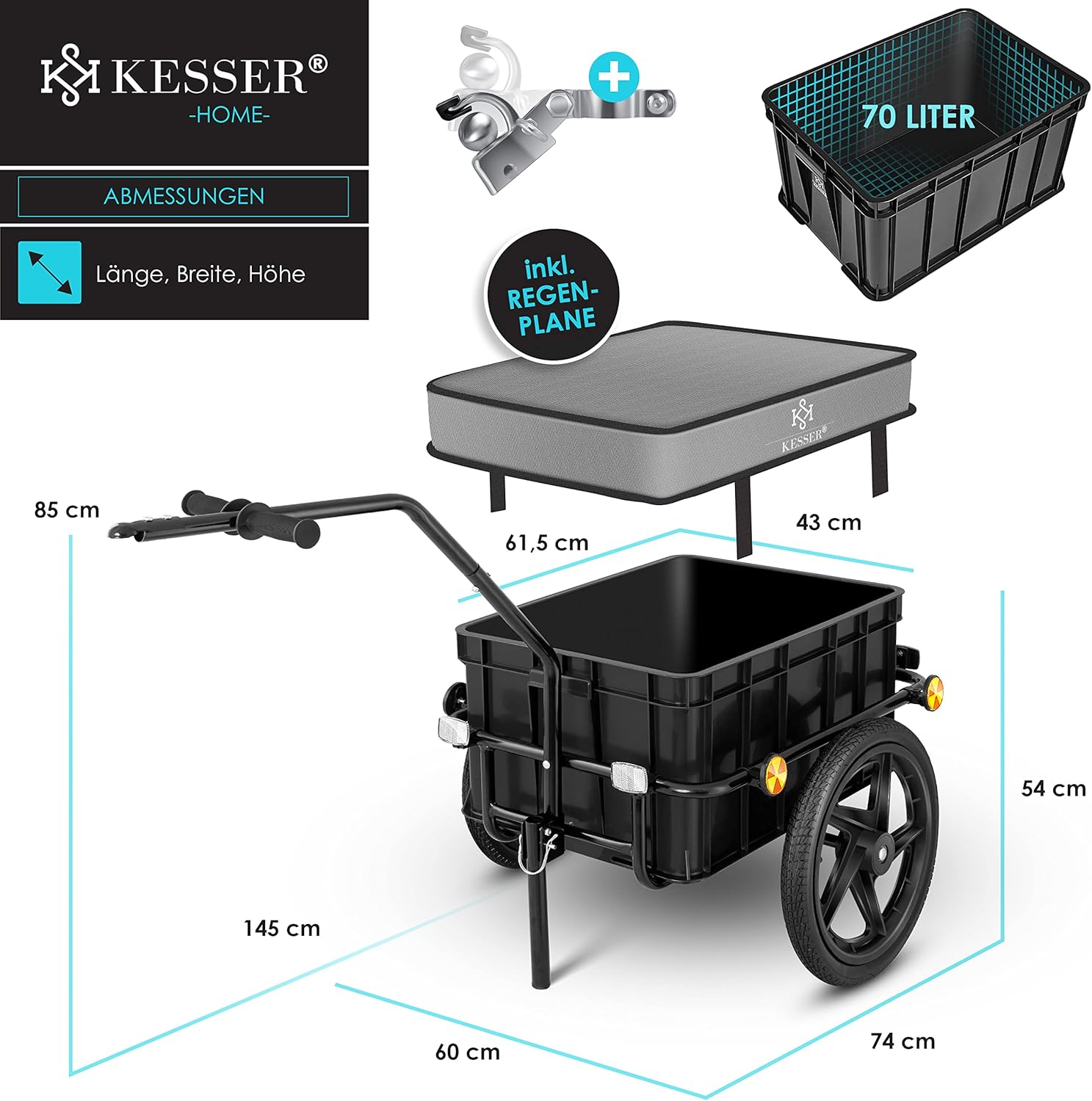 KESSER® Fietsaanhanger - Transportaanhanger - Max. 60kg - Zwart •