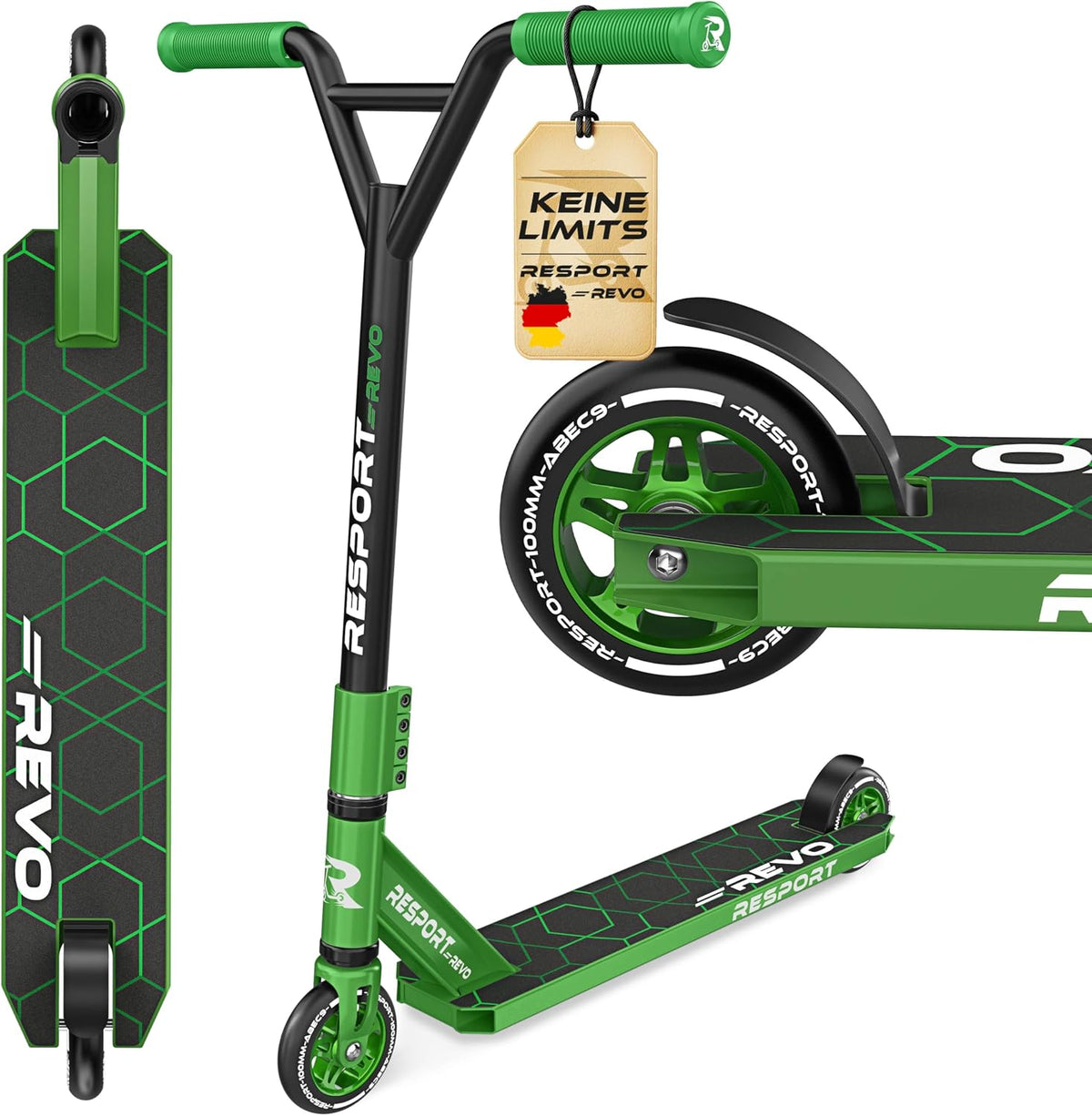 RE:SPORT Revo Stuntstep, voor kinderen en volwassenen, met standaard, 100 mm, PU-wielen & Y-bar, ABEC 9 kogellagers, step, groen