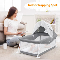 Ezebaby Kinderreisbed, babybed, klein, inklapbaar, uitgerust met opbergtas, muggennet en speelgoed, geschikt voor baby's van 0-5 maanden, grijs