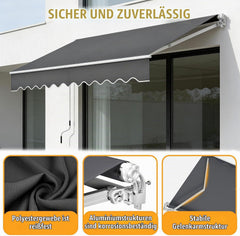 Verdego Markies met scharnierarm, 300 x 250 cm, knikarm met volant, handslinger, wandhouder, waterafstotend, aluminium/polyester, zonnescherm, hellingshoek instelbaar, donkergrijs