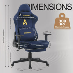 Symino Gamingstoel met latex zitkussen, 300 kg belastbaarheid, ergonomische pc-stoel met traagschuim, lendensteun en hoofdsteun, ademende bureaustoel van imitatie suède, donkerblauw