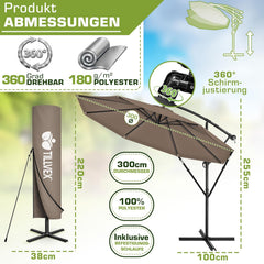tillvex Aluminium parasol + afdekking Ø 300 cm met zwengel, zweefparasol met standaard en windscherm, tuinparasol, uv-bescherming aluminium, zwengelparasol, waterdicht, 360 graden draaibaar, cappuccino