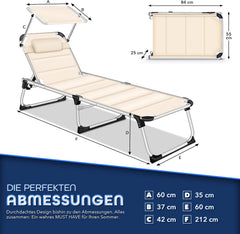 tillvex Zonneligstoel met dak en hoofdkussen, tuinstoel, inklapbaar, strandstoel met verstelbare rugleuning, aluminium ligstoel (beige, ligstoel met bekleding Premium)