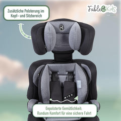 FableKids Kinderautostoel 9-36 kg, 3-punts veiligheidsgordel, autokinderzitje vanaf 15 m, autostoel voor kinderen 76-150 cm, kinderzitje, verstelbare hoofdsteun, ECE R129/03, verstelbaar, grijs