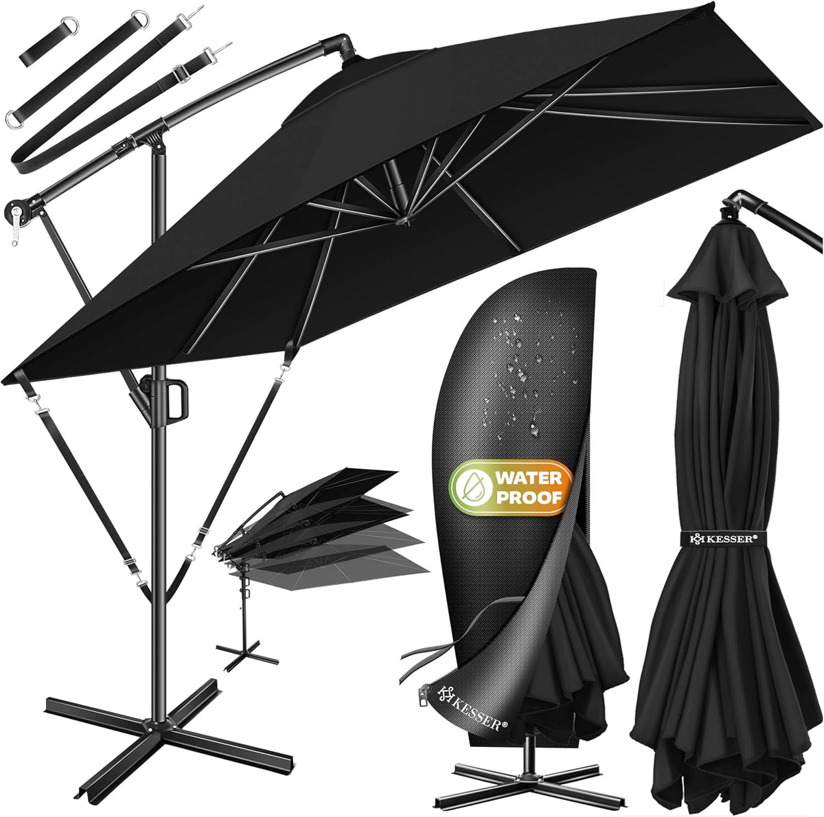KESSER® Holly Parasol zonnescherm Rechthoekige + hoes + windvang met zwengel Zwengelparaplu met standaard UV-bescherming Waterafstotend aluminium 250cm x 250cm