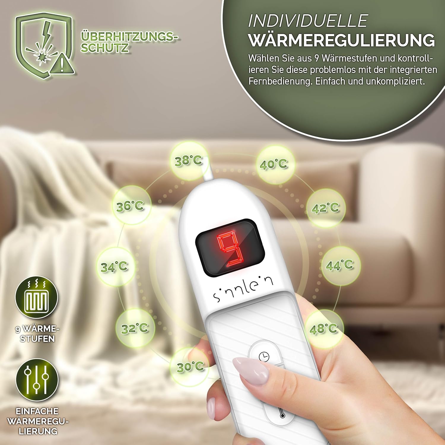 sinnlein® Elektrische deken van pluche, 180 x 130 cm, elektrische warmtedeken met automatische uitschakeling, knuffeldeken, timerfunctie, 9 temperatuurniveaus, wasbaar tot 40 °C, digitaal display