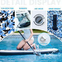 FEATH-R-LITE opblaasbaar, 305 x 78 x 15 cm, superlichte SUP voor alle moeilijkheidsgraden, alles inclusief, stand-up padddle-board, adj peddel, pomp, ISUP reis-rugzak, lijn, waterdichte tas, zwart en blauw | FunWater, peddel, luchtpomp, rugzak, kajakstoel