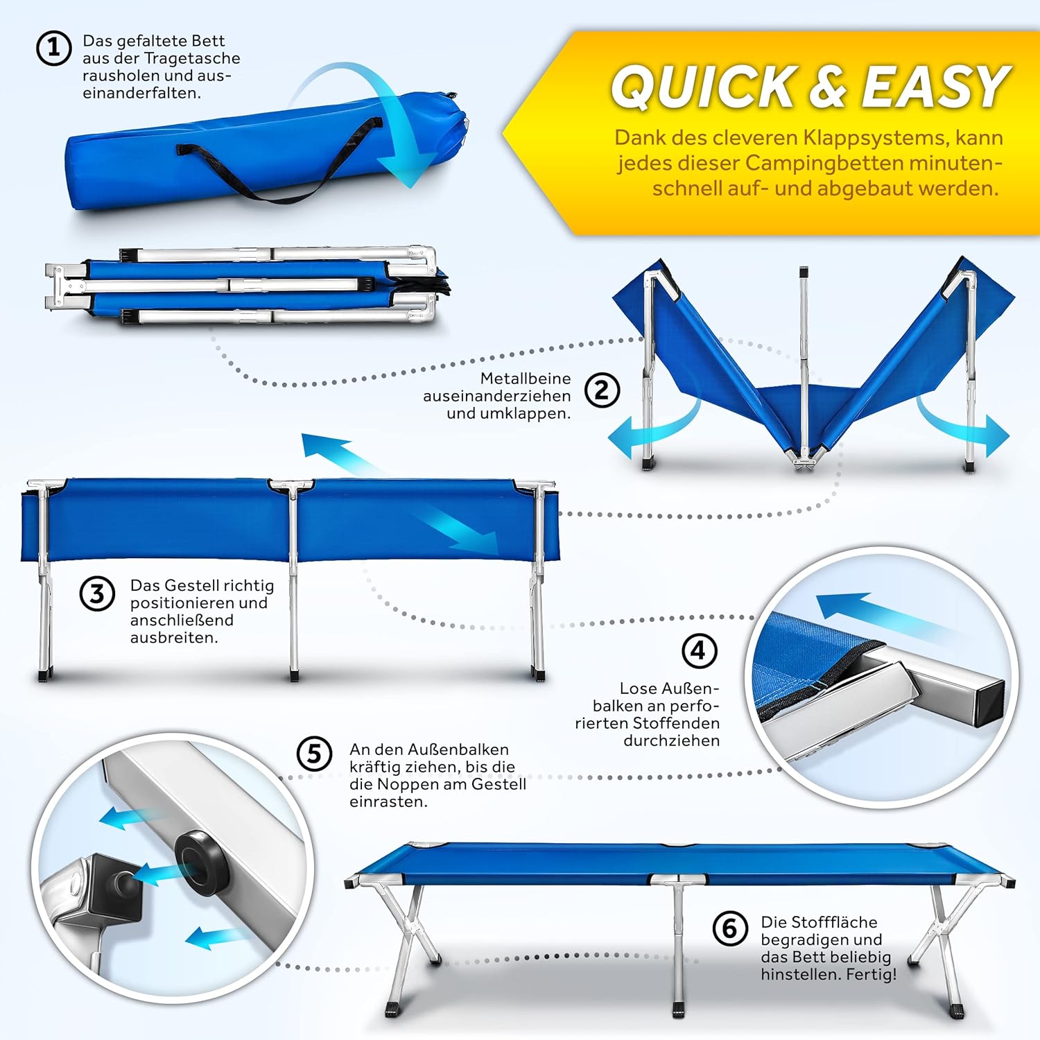 Veldbed - 1 Persoons - Kampeerbed - Stretcher - Blauw - TRESKO®