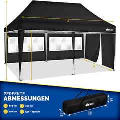 tillvex Paviljoen, 3 x 6 m, waterdicht, pop-up vouwpaviljoen, in hoogte verstelbaar, tuintent, uv-bescherming 50+, partytent met tas voor de tuin, zwart, met 3 zijdelen