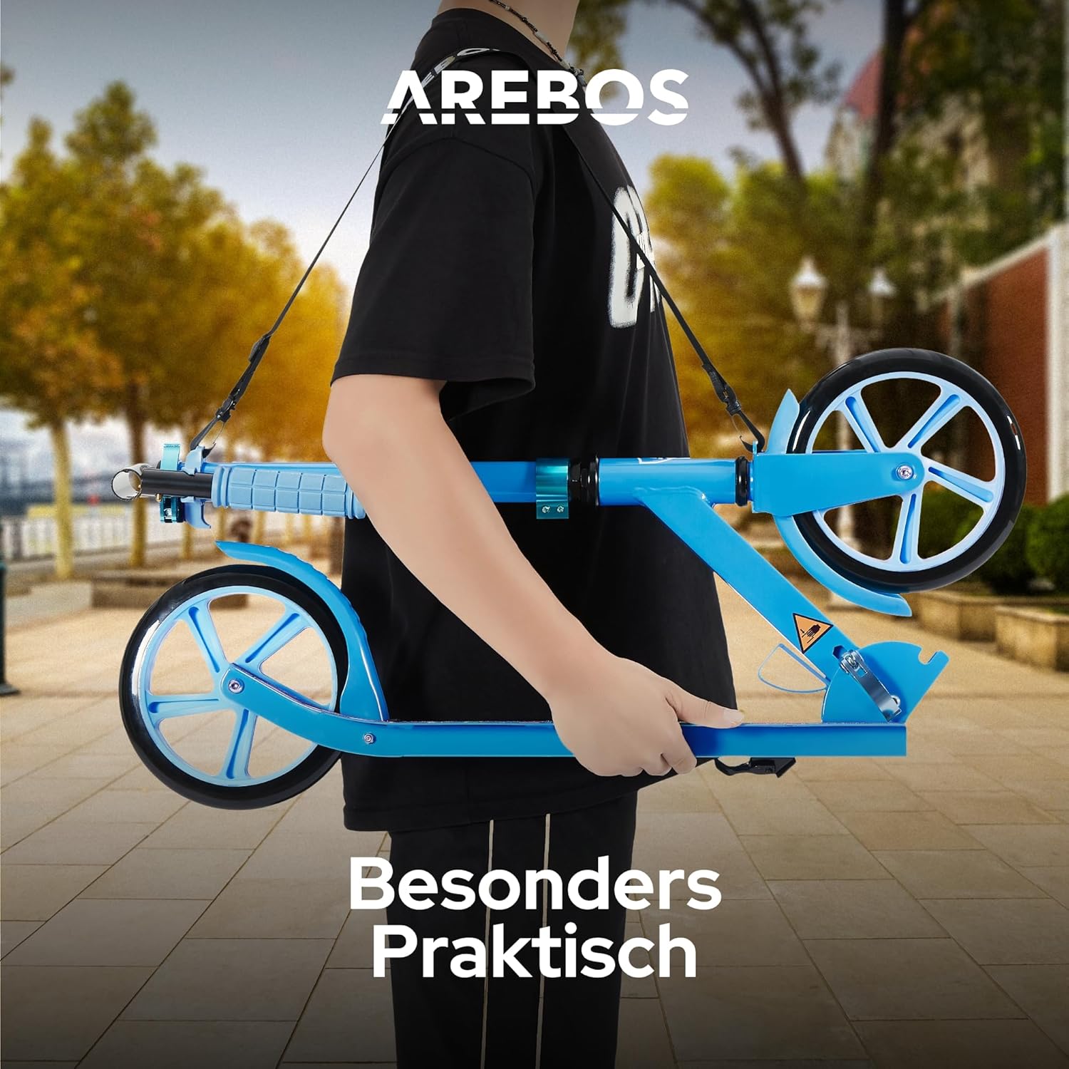 Arebos City Scooter, Hoogteverstelbaar | Opvouwbaar | Inclusief draagriem | XXL wielen | Kickrem | Voor kinderen en volwassenen | Draagvermogen tot 100 kg | Kickstep | Kickstep