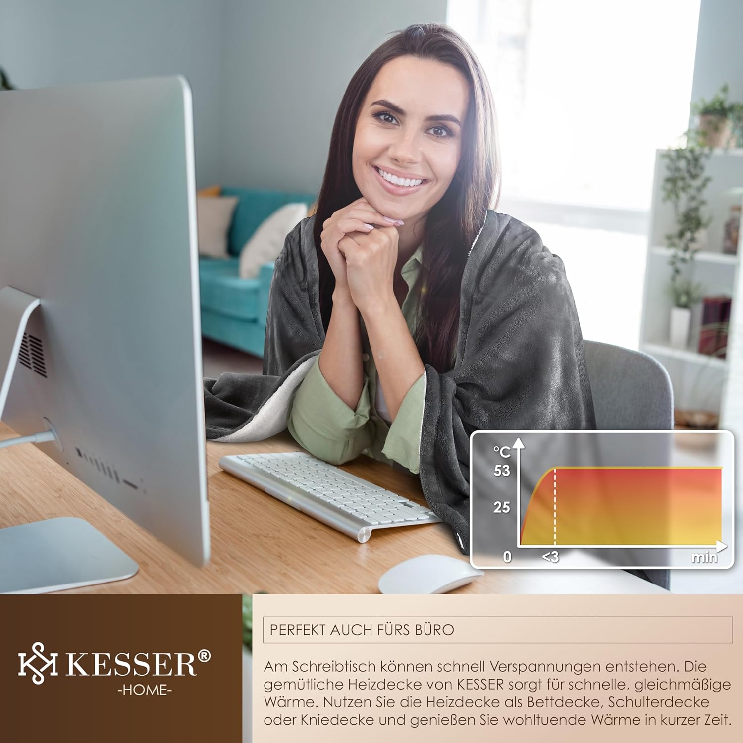 KESSER® Elektrische deken met automatische uitschakeling, 160 x 120 cm, dubbelzijdig elektrische warmtedeken, knuffeldeken, bed, bank, 9 temperatuurniveaus, wasbaar tot 40 °C, met timer, digitaal