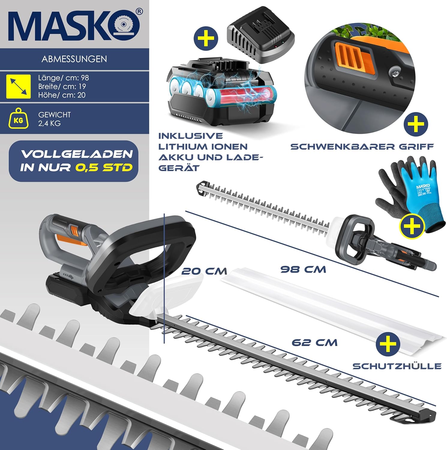 MASKO® Accu Heggenschaar - 57cm snijlengte - Grijs