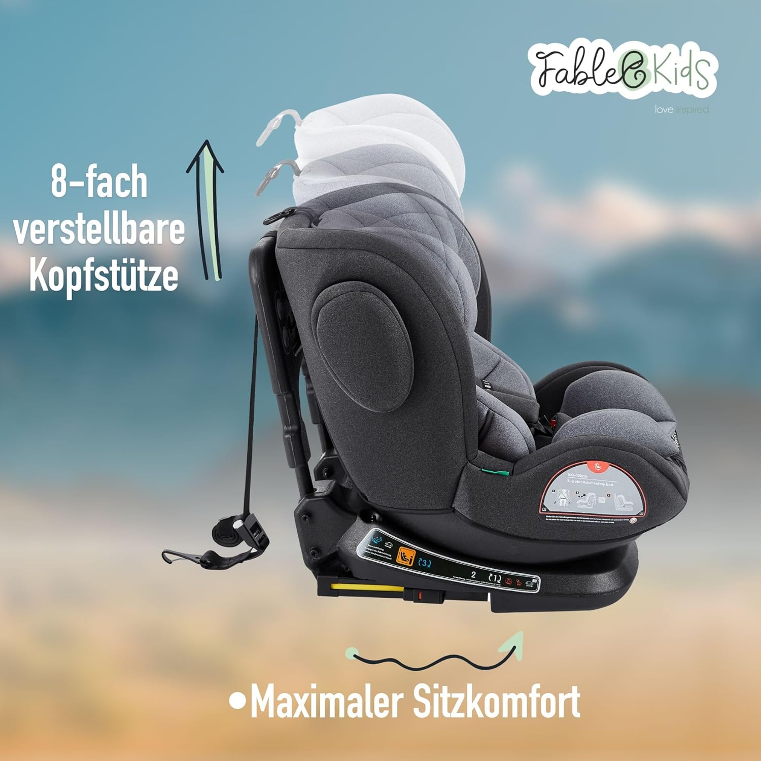 FableKids Kinderautostoel met Isofix, 360 graden draaibaar, autokinderzitje, autostoeltje, i-size 40-150 cm, 5-punts veiligheidsgordel, 8-voudig instelbare hoofdsteun, ECE R129/03, grijs
