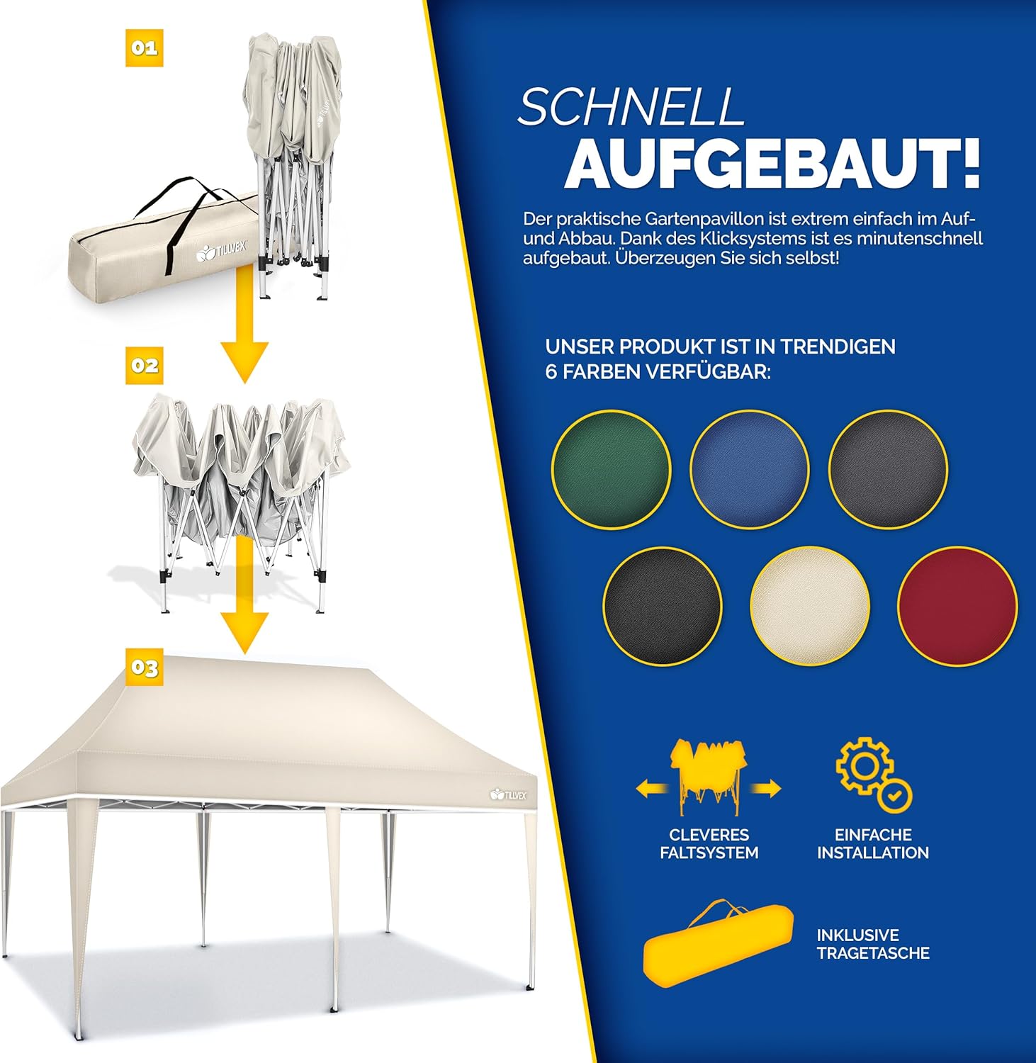 Partytent - opvouwbaar - 3x6 m - Paviljoen - Beige - Tillvex®