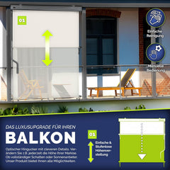 tillvex Verticale zonwering, 180 x 250 cm, voor buiten en binnen met regenhoes, buitenrolgordijn, waterdicht, met handslinger, voor balkon, terras en tuin, balkonrolgordijn, zonwering, beige