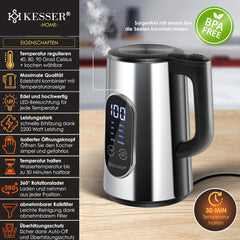 Waterkoker met temperatuurregeling - RVS - met LED - 1.7L - 2200W - Zilver