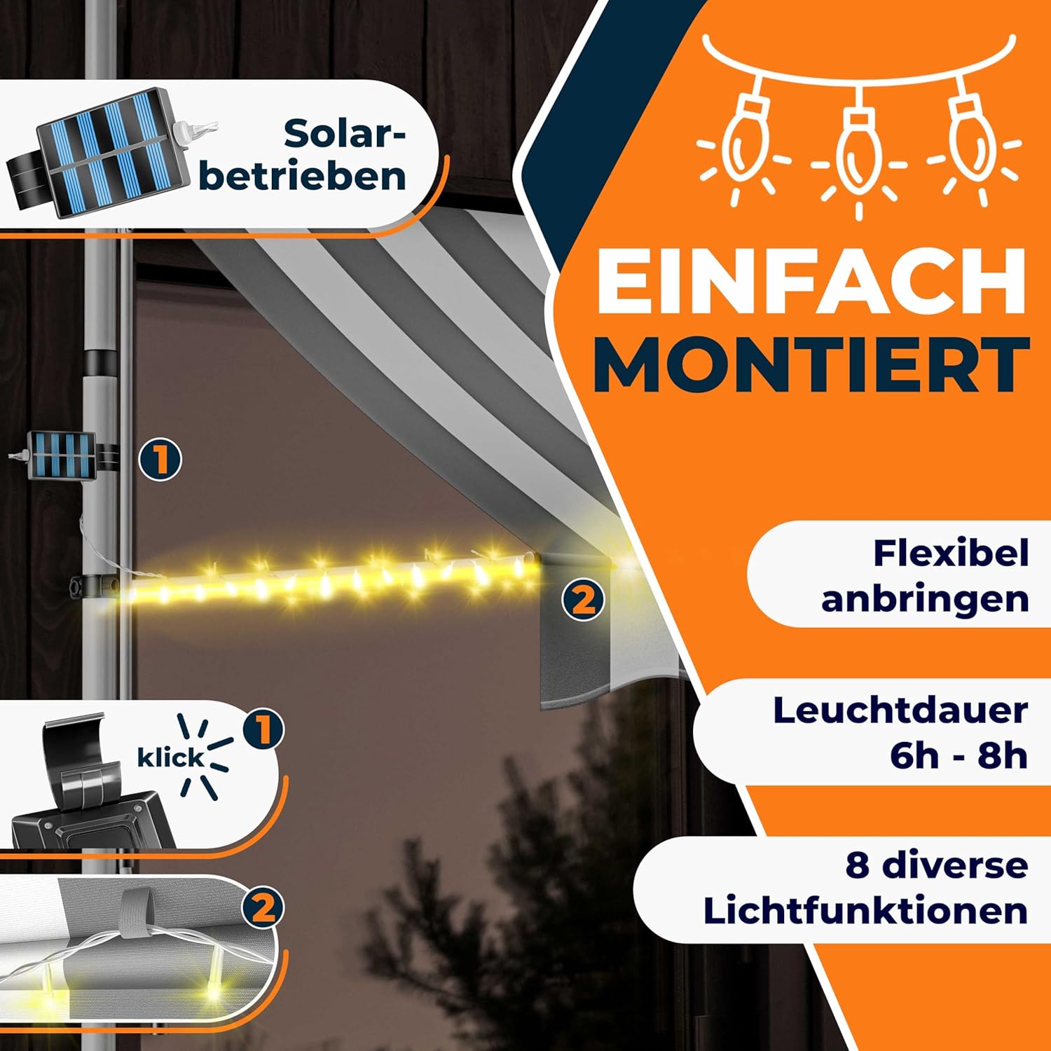 KESSER® Klemluifel met handslinger en led-lichtsnoer, balkonluifel zonder boren, luifel uv-bestendig, in hoogte verstelbaar en waterafstotend, zonwering voor balkon, terras en tuin, 250 cm