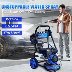 BOVONO 7 pk benzine hogedrukreiniger 3600 psi benzine hogedrukreiniger 170f 210cc 4-takt benzine hogedrukreiniger met 8 meter slang en 5 sproeiers voor het reinigen van auto's, huizen, opritten en terrassen, blauw