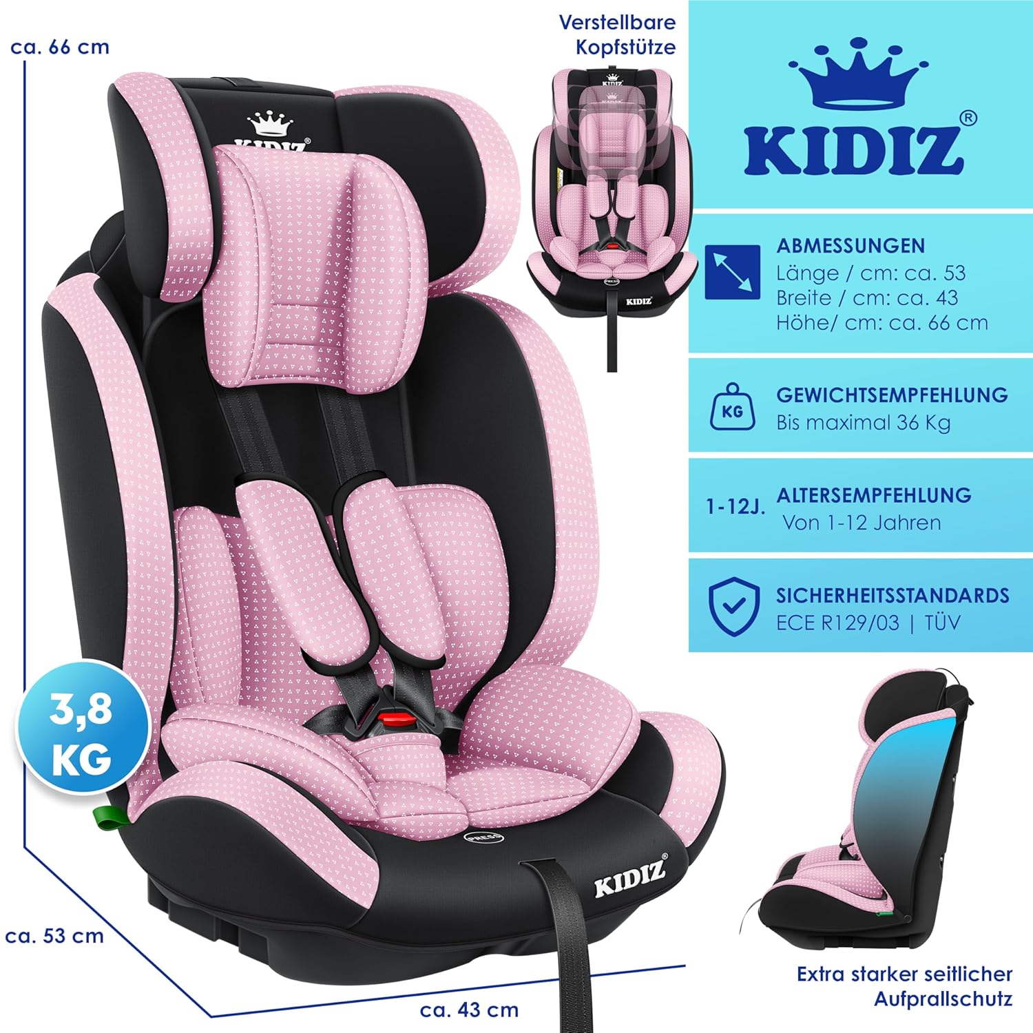 KIDIZ® Autostoeltje - 5-punts veiligheidsgordel - Roze