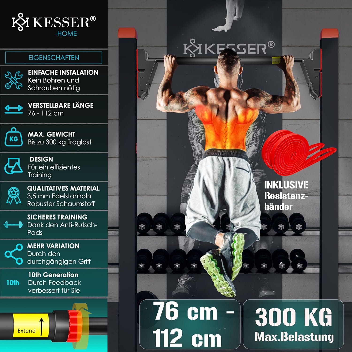KESSER® Optrekstang, deurkozijn, verstelbaar, pull-up bar, thuistrainer, rekstang zonder schroeven/boren, 76-112 cm uittrekbaar, draagvermogen tot 300 kg & antislip handgrepen, incl. weerstandsbanden