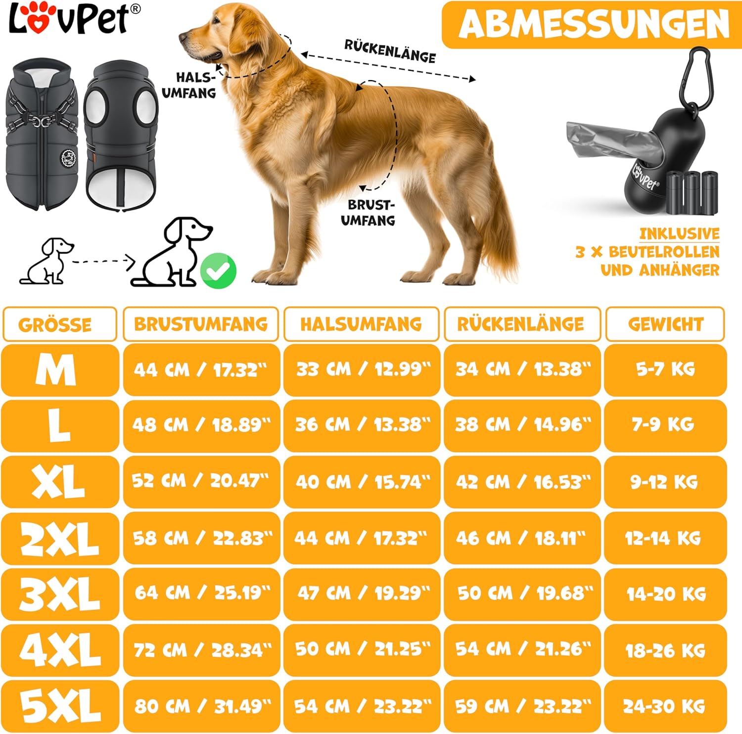 LOVPET Hondenjas, hondenjas met harnas, incl. 45 stuks poepzakken + dispenser, gevoerd wintervest, waterdicht, gevoerd vest met borstriem, reflectoren, D-ring 3XL, antraciet