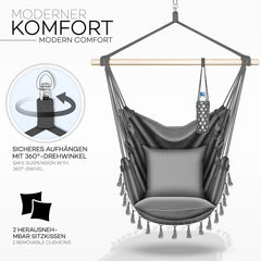 Tillvex® Hangstoel - Binnen & Buiten - Tot 150kg - 2 Kussens - Grijs
