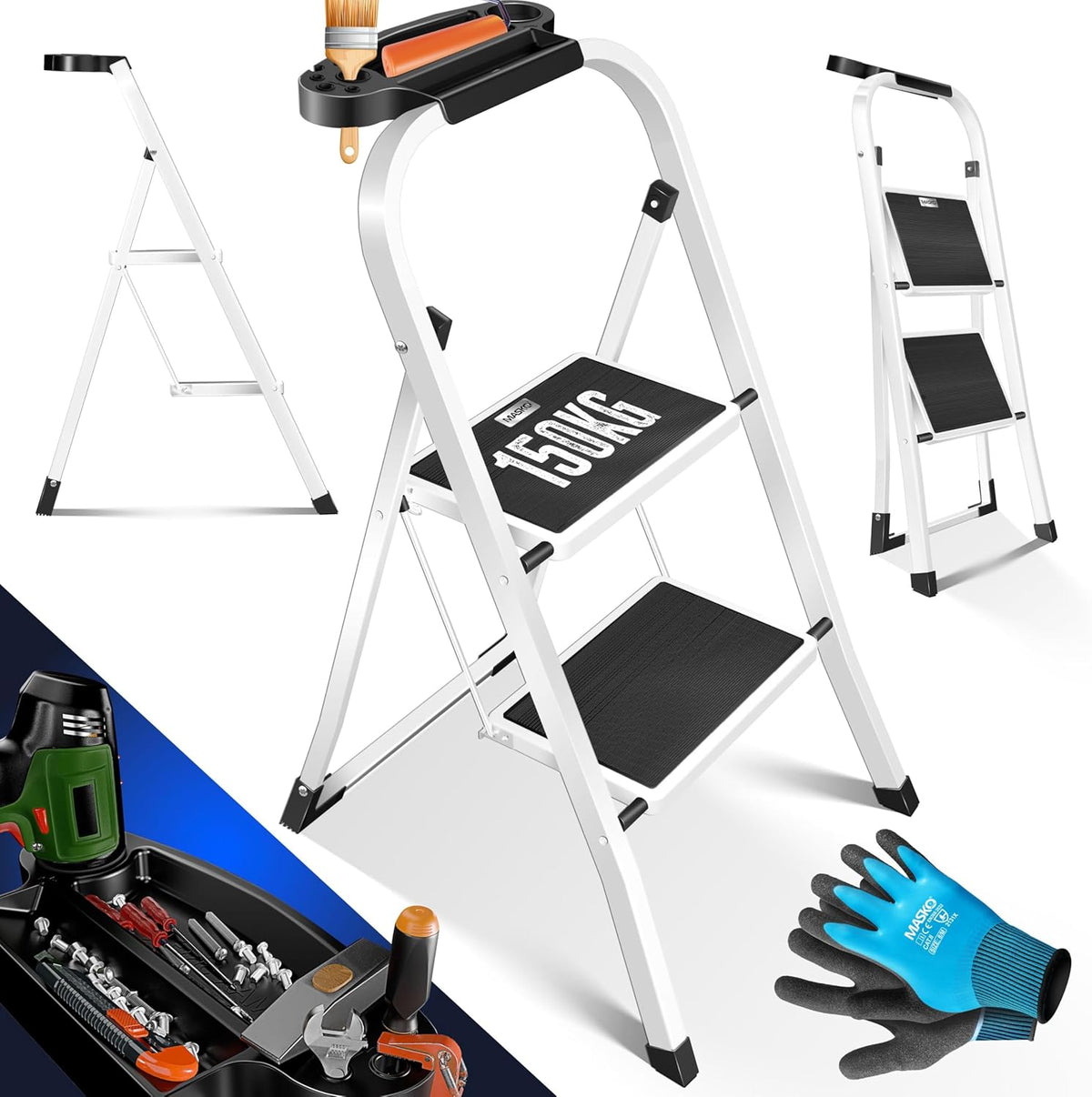 MASKO® Trapladder, vouwladder met 2 treden, belastbaar tot 150 kg, antislip, incl. handschoenen, gereedschapshouder en automatisch slot, wit