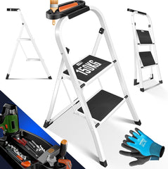 MASKO® Trapladder, vouwladder met 2 treden, belastbaar tot 150 kg, antislip, incl. handschoenen, gereedschapshouder en automatisch slot, wit