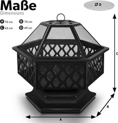 tillvex Vuurschaal met vonkbescherming en grillrooster, outdoor vuurplaats voor de tuin, 4-in-1 BBQ grill met afdekking, pookhaak, tang en kolenrooster, zwart (zeskant)