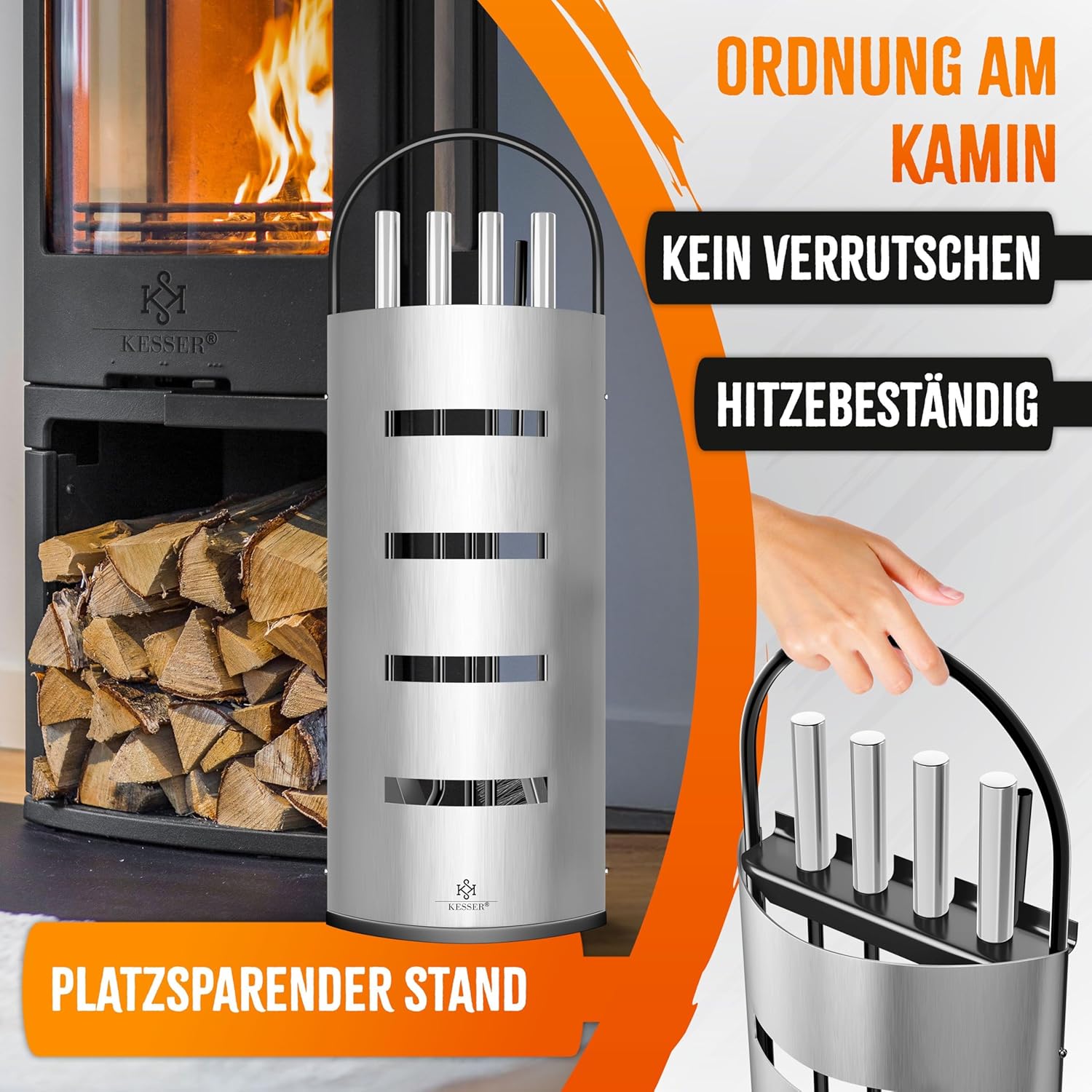 KESSER® Haardaccessoires, 5-delige haardbestek, modern design, gecoat, hoogwaardig haardgarnituur uit 5 delen: bezem, schep, pookhaak, tang, standaard met zichtbescherming, roestvrij staal, zilver