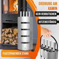 KESSER® Haardaccessoires, 5-delige haardbestek, modern design, gecoat, hoogwaardig haardgarnituur uit 5 delen: bezem, schep, pookhaak, tang, standaard met zichtbescherming, roestvrij staal, zilver
