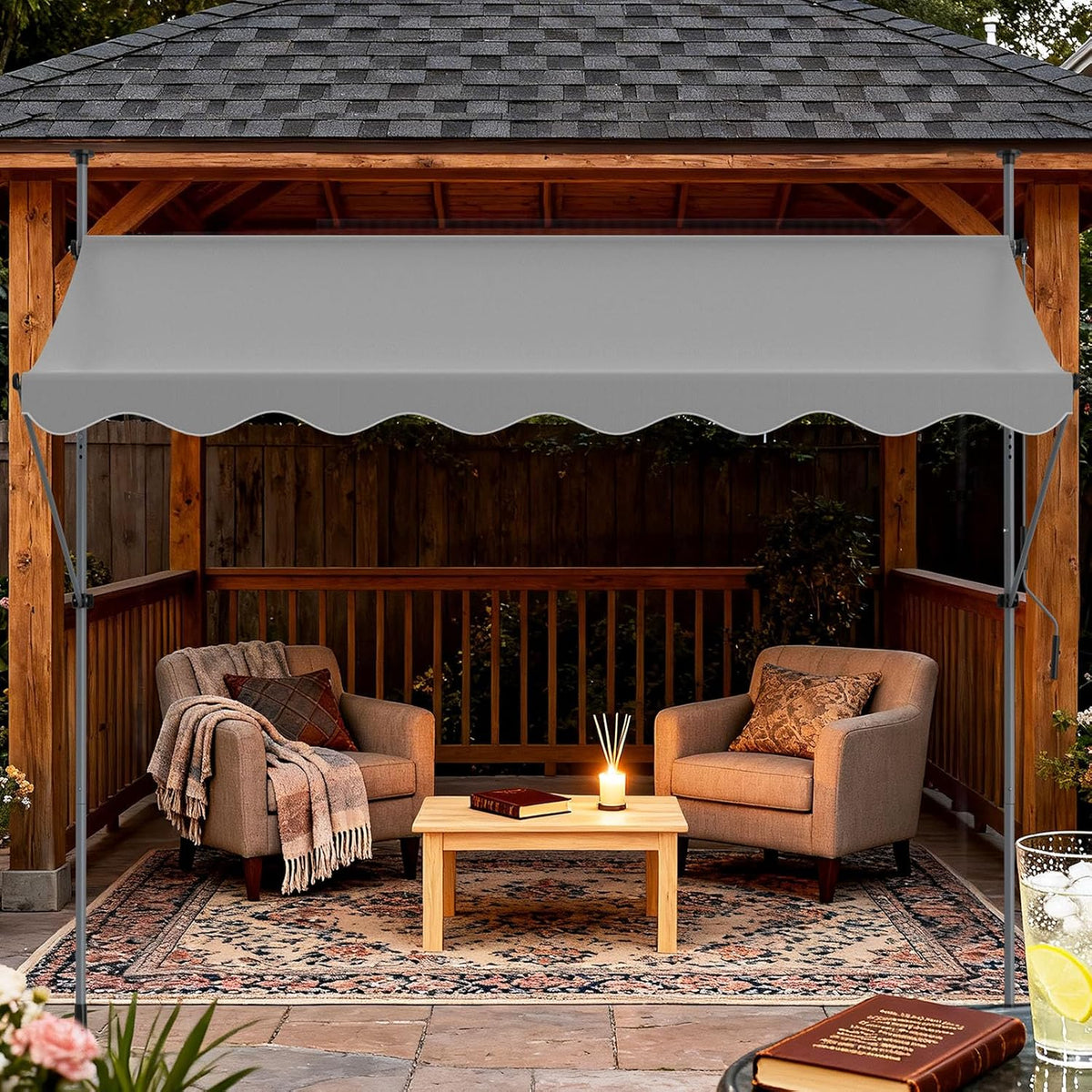 Verdego Klemluifel, 350 x 120 cm, luifel voor balkon, zonder boren, met handslinger, zonwering, waterafstotend, uv-bestendig, in hoogte verstelbaar, balkonluifel om te klemmen, voor terras en tuin, lichtgrijs