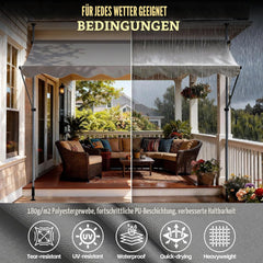 Verdego Klemluifel, 250 x 120 cm, luifel voor balkon, zonder boren, met handslinger, zonwering, waterafstotend, uv-bestendig, in hoogte verstelbaar, balkonluifel om te klemmen, voor terras en tuin