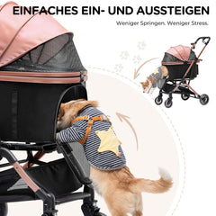 COMHOMA opvouwbare hondenbuggy tot 25 kg, 4-in-1 hondenbuggy, opvouwbare kattenbuggy met 180° verstelbare kap en bekerhouders, 360° zwenkbare EVA-voorwielen en remmen op de achterwielen, roségoud •