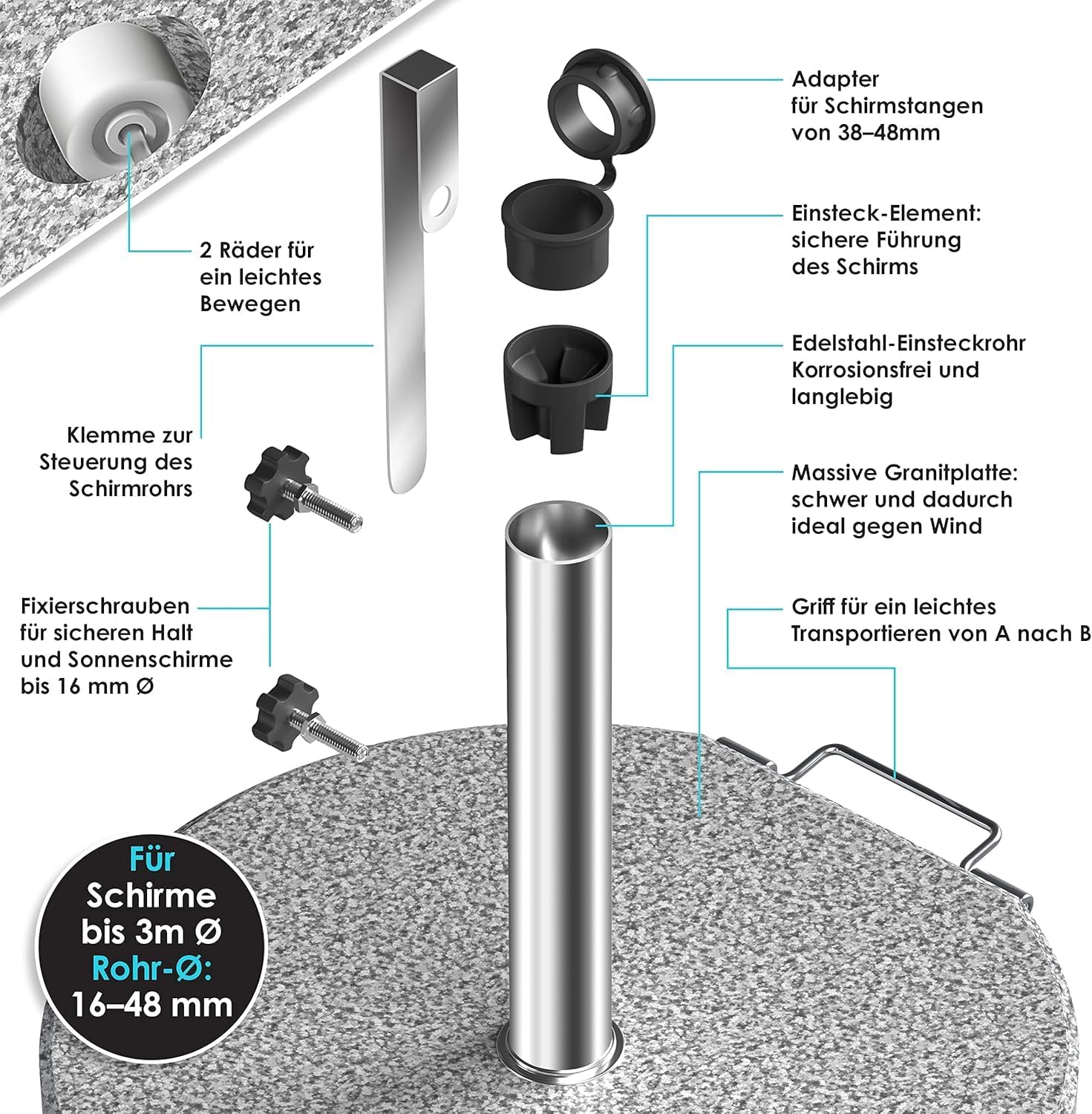 KESSER® Parasolvoet op wielen - Graniet 30kg - Ø16mm-Ø48mm - Grijs
