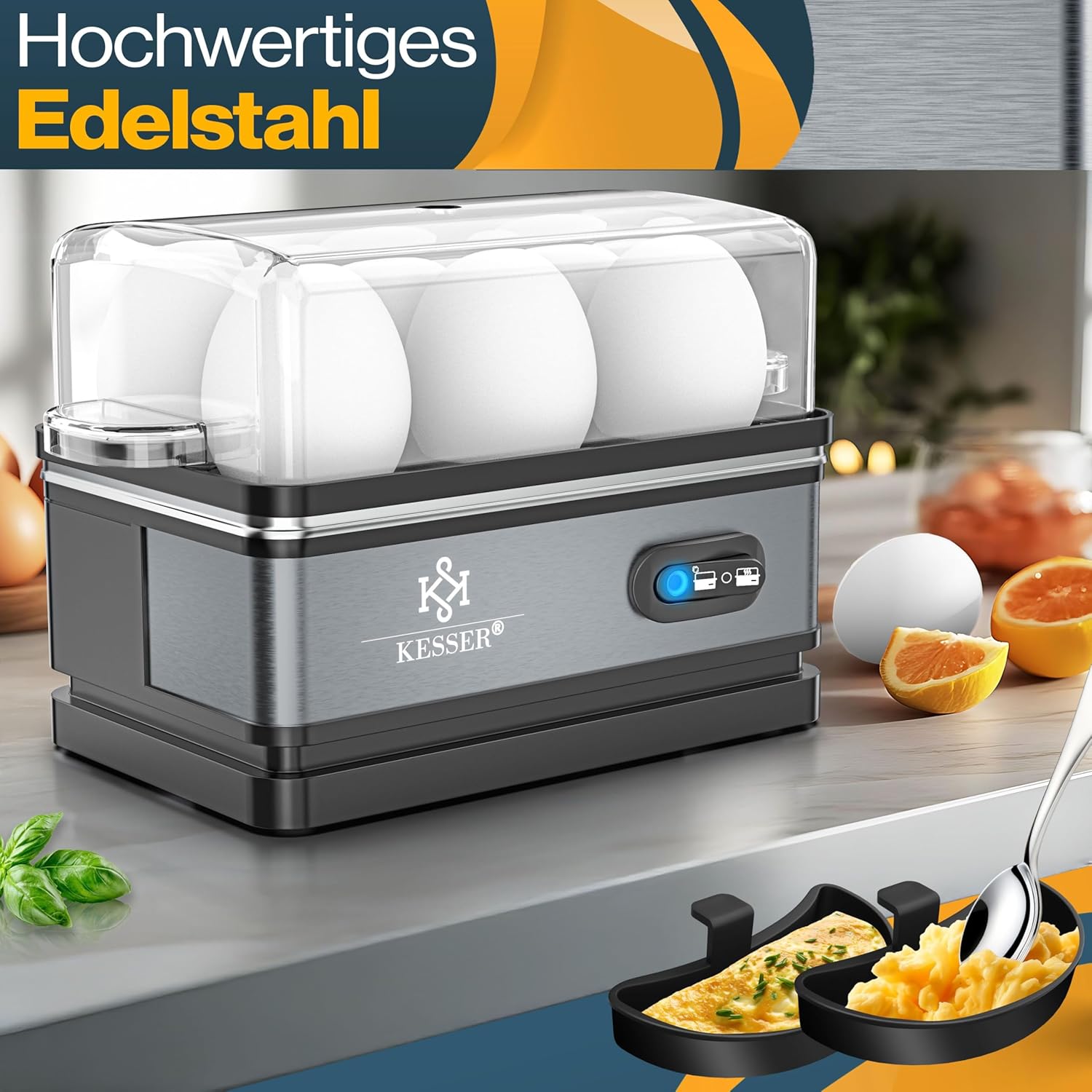 KESSER® Eierkoker voor 1 tot 6 eieren, elektrisch van roestvrij staal, 400 W met warmhoudfunctie, tuimelfunctie, drie hardheidsgraden, BPA-vrij en vaatwasmachinebestendig, maatbeker en 2 x