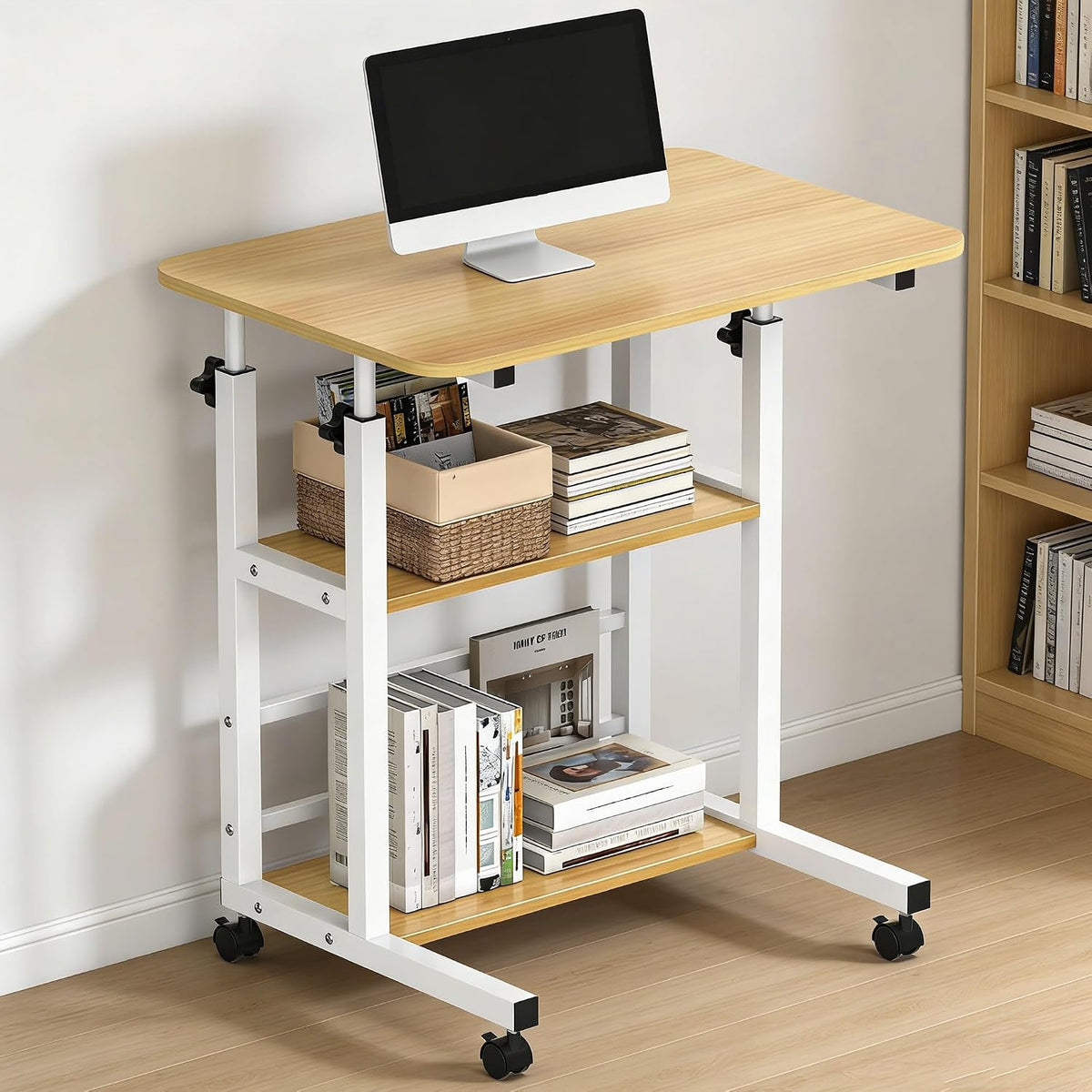Verdego In hoogte verstelbaar bureau, bijzettafel met wielen, 2 planken, pc-tafel 40 x 60 x 63-90 cm, ruimtebesparend, kleine mobiele computertafel voor thuiskantoor, bank, bed (walnoot)