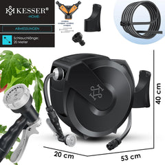 KESSER® Slanghaspel met tuinslang 20 m | waterslanghaspel voor wandmontage | wandhouder | 180° draaibaar & automatisch oprolbaar | wandslangbox incl. 7 functies handdouche