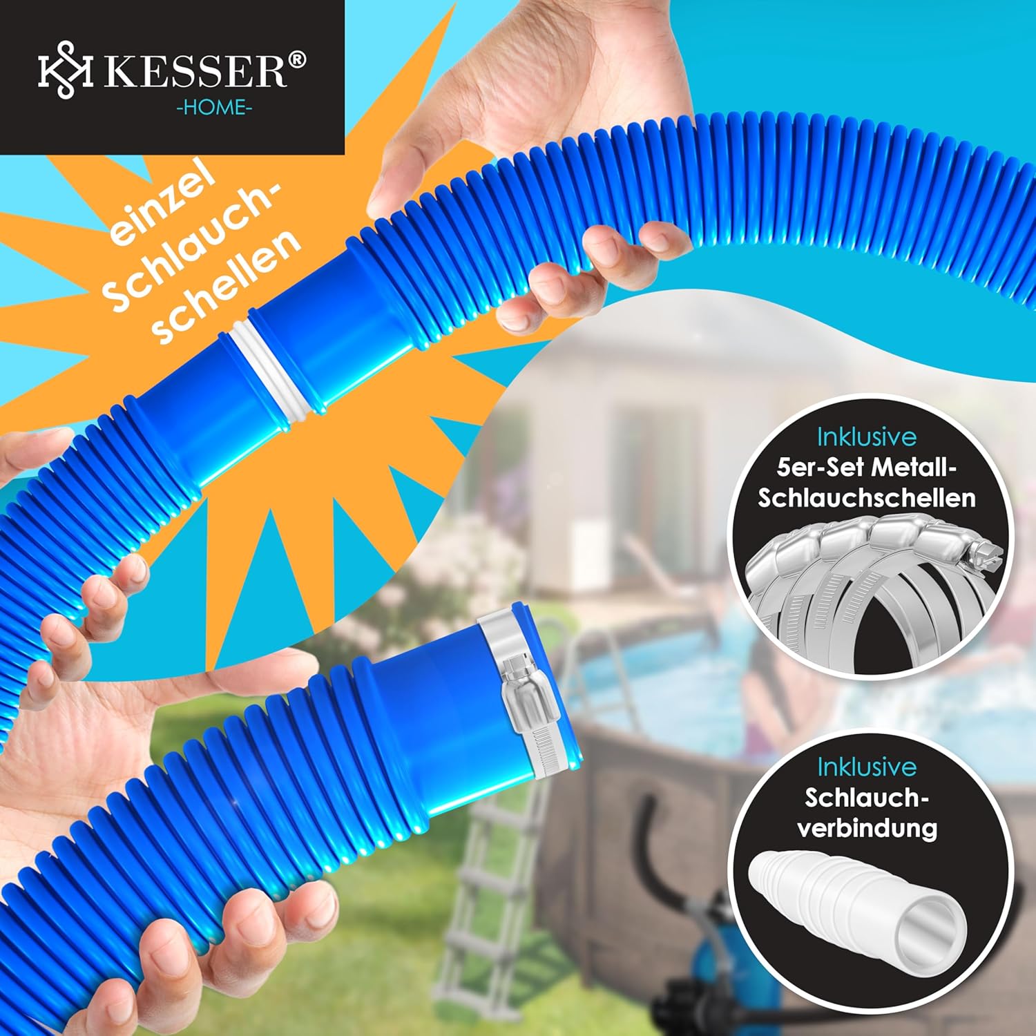 KESSER® Zwembadslang 8 m / Ø 38 mm | zwembadslang met | zonne-slang voor zwembad | zuigslang | pompslang | flexibele waterslang incl. slangklemmen en -verbinding | blauw
