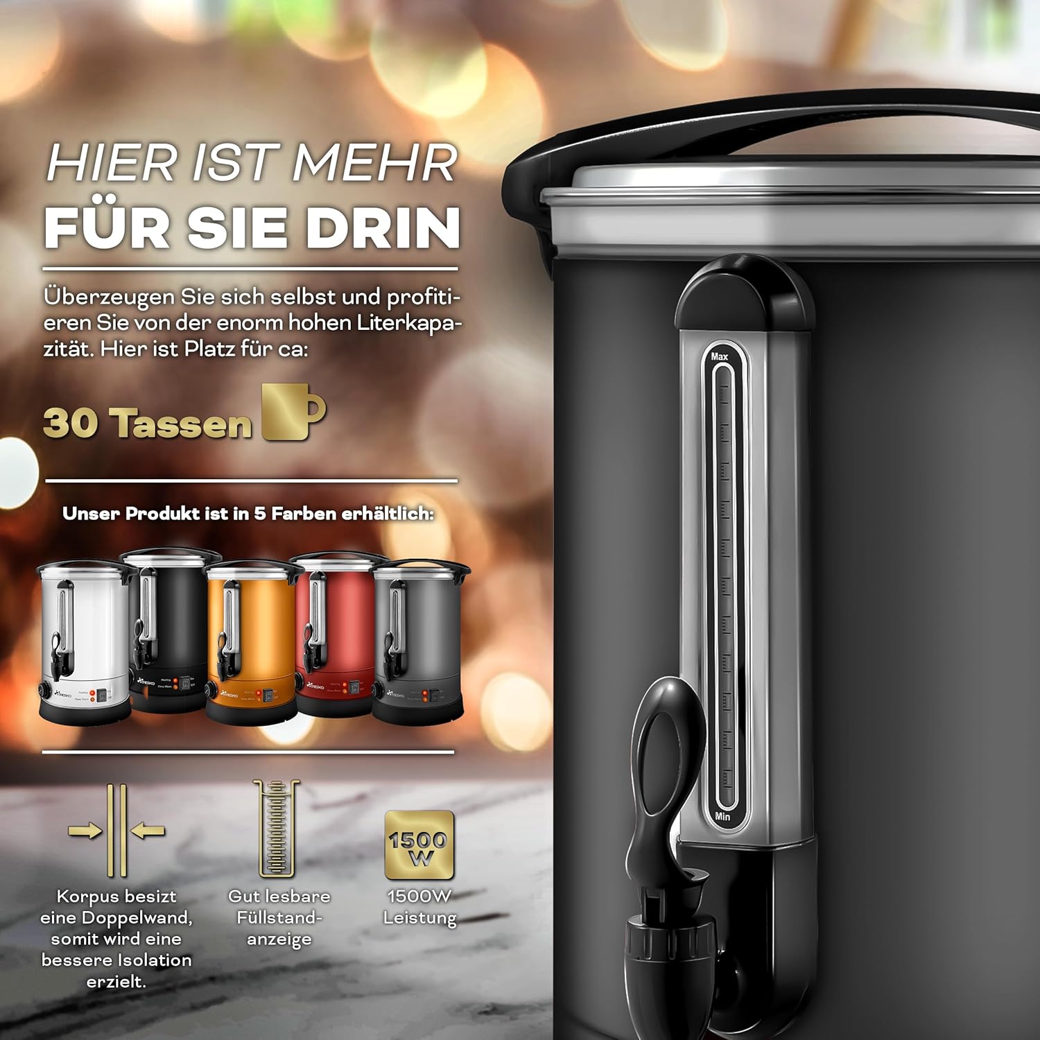 TRESKO® glühweinkoker, 6 l/1500 W, inmaaktoestel van roestvrij staal, glühweinautomaat, warmwaterdispenser, grijs