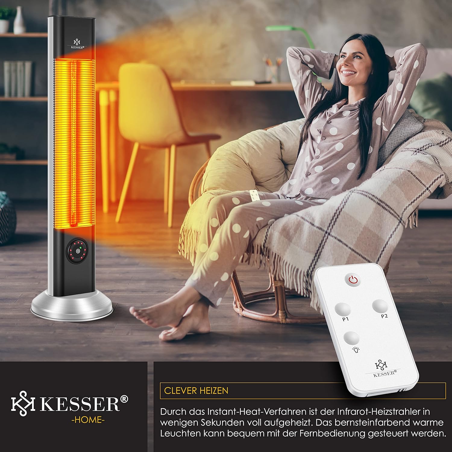 KESSER® Staande warmtestraler, infrarood staande warmtestraler, incl. beschermhoes, warmtestraler, terras, infraroodstraler, torenverwarming, 2000 W, terrasstraler, staande verwarming met