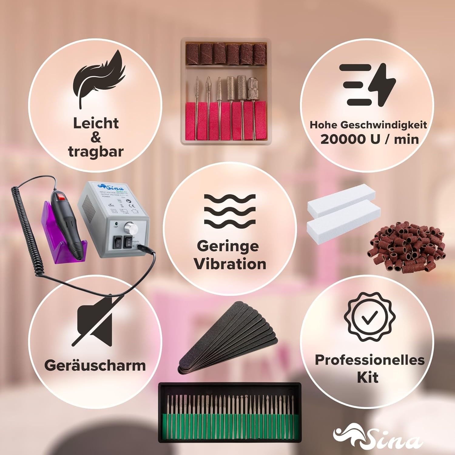 Sina Nagelfrees, frees, manicure nagel, 30-delige diamantfreesset + 100 schuurhulzen + 2 vijlblokken